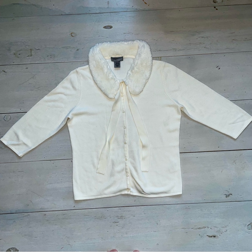 Designers Originals Luxelon Women’s Off White Sweater Faux Fur Collar Y2K Size M